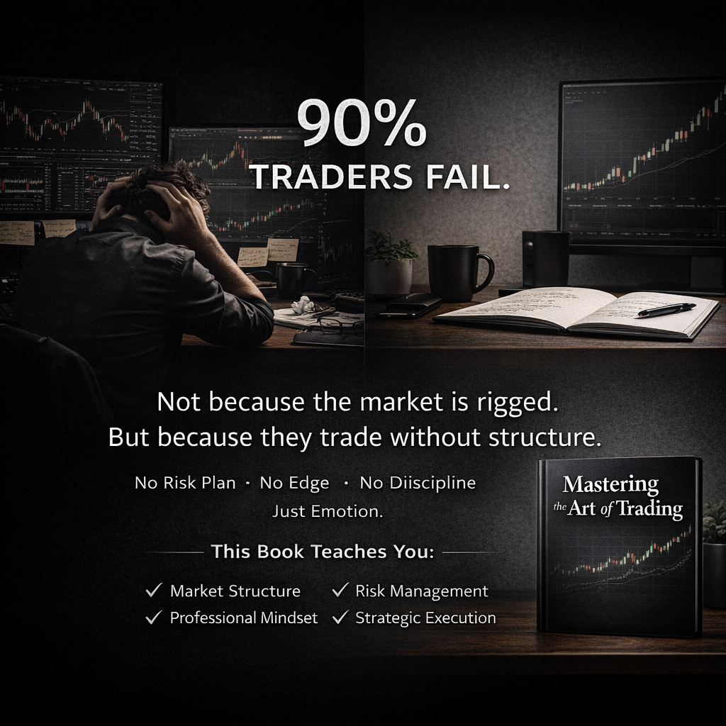 Person at a desk with trading software, book titled 'Mastering the Art of Trading', and motivational text about trading success.