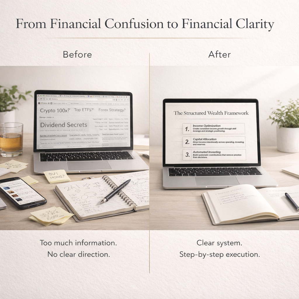 Two laptop screens showing a before and after comparison of financial information on a desk.