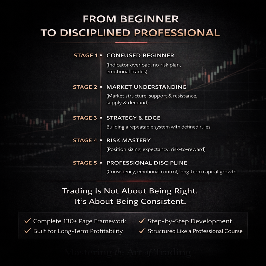 Stages of trading progression from beginner to disciplined professional with a dark background and text.