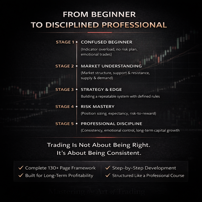 Stages of trading progression from beginner to disciplined professional with a dark background and text.
