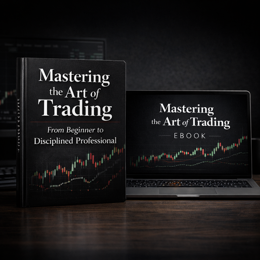 Book and laptop displaying 'Mastering the Art of Trading' on a dark background