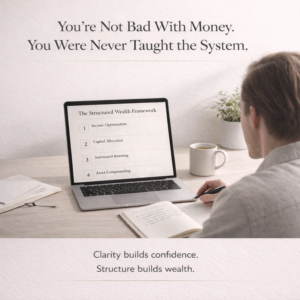 Person working on a laptop with a screen displaying 'The Structured Wealth Framework' at a desk.
