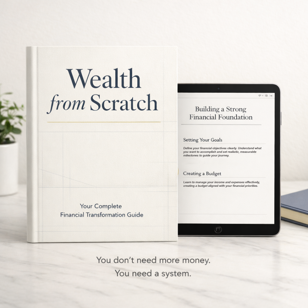 Book titled 'Wealth from Scratch' on a table with an tablet displaying its content.