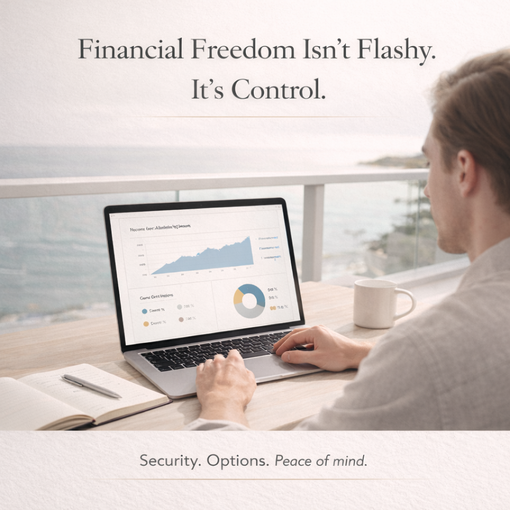 Person using a laptop with financial data on a desk by a window, with text about financial freedom.
