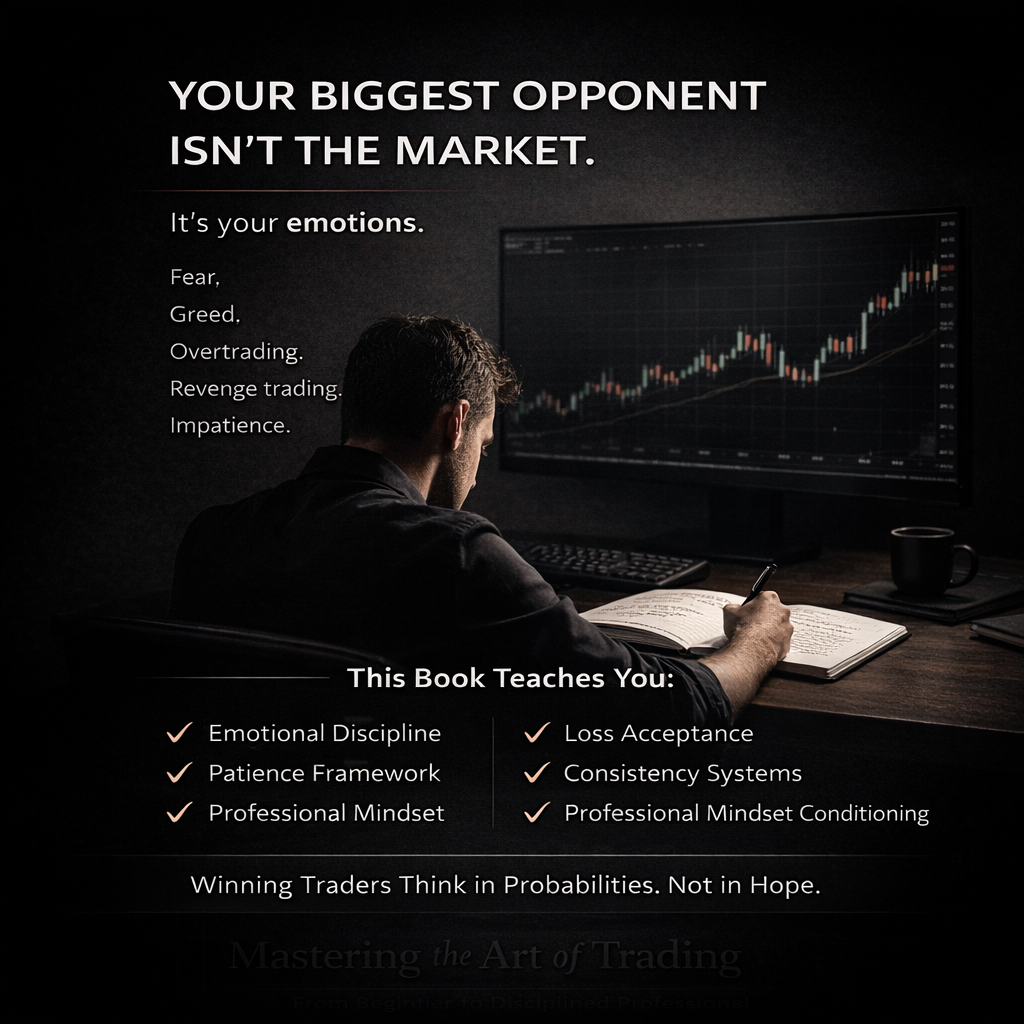 Person sitting at a desk with trading software on a computer screen, with text about emotional discipline and trading strategies.