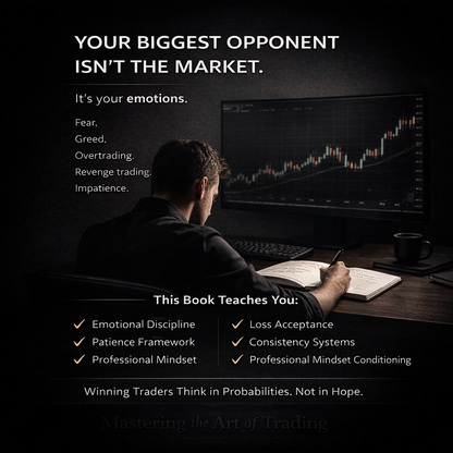 Person sitting at a desk with trading software on a computer screen, with text about emotional discipline and trading strategies.