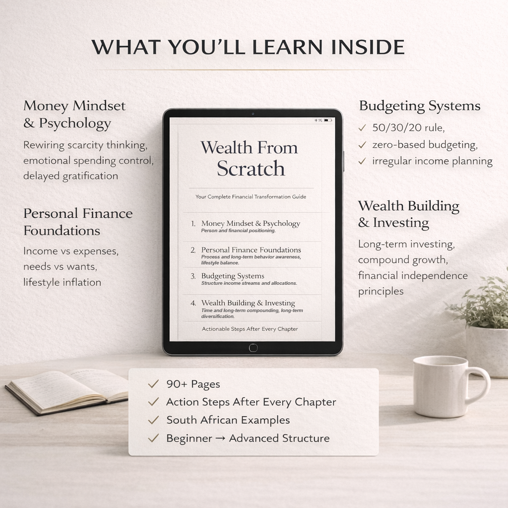 Tablet displaying a financial book on a desk with a cup and plant, text about learning inside the book.